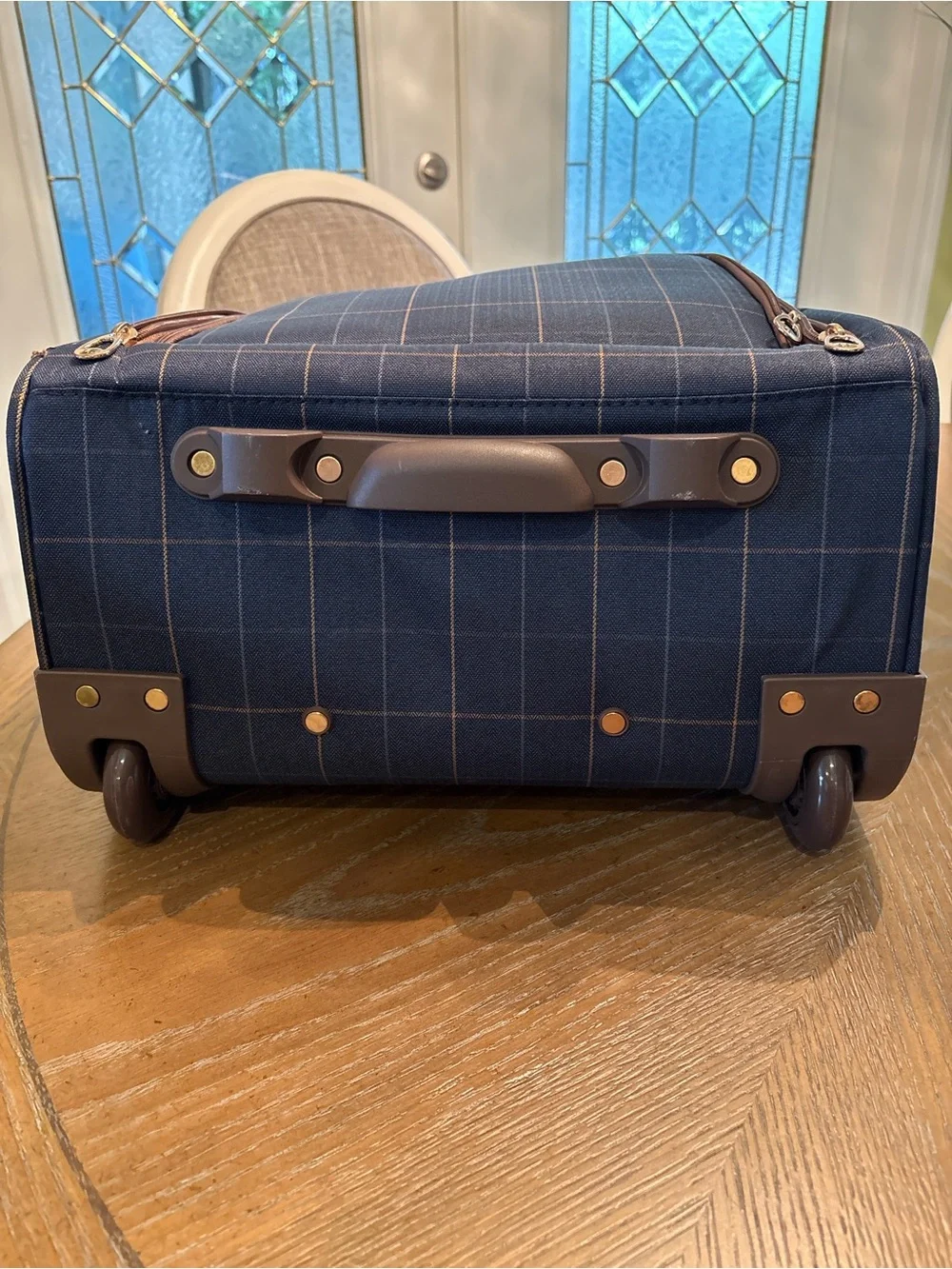 London Fog Navy Plaid Rolling Carry-On Brief